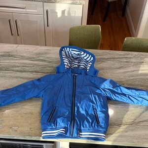 Blue Hooded Jacket with Striped Lining